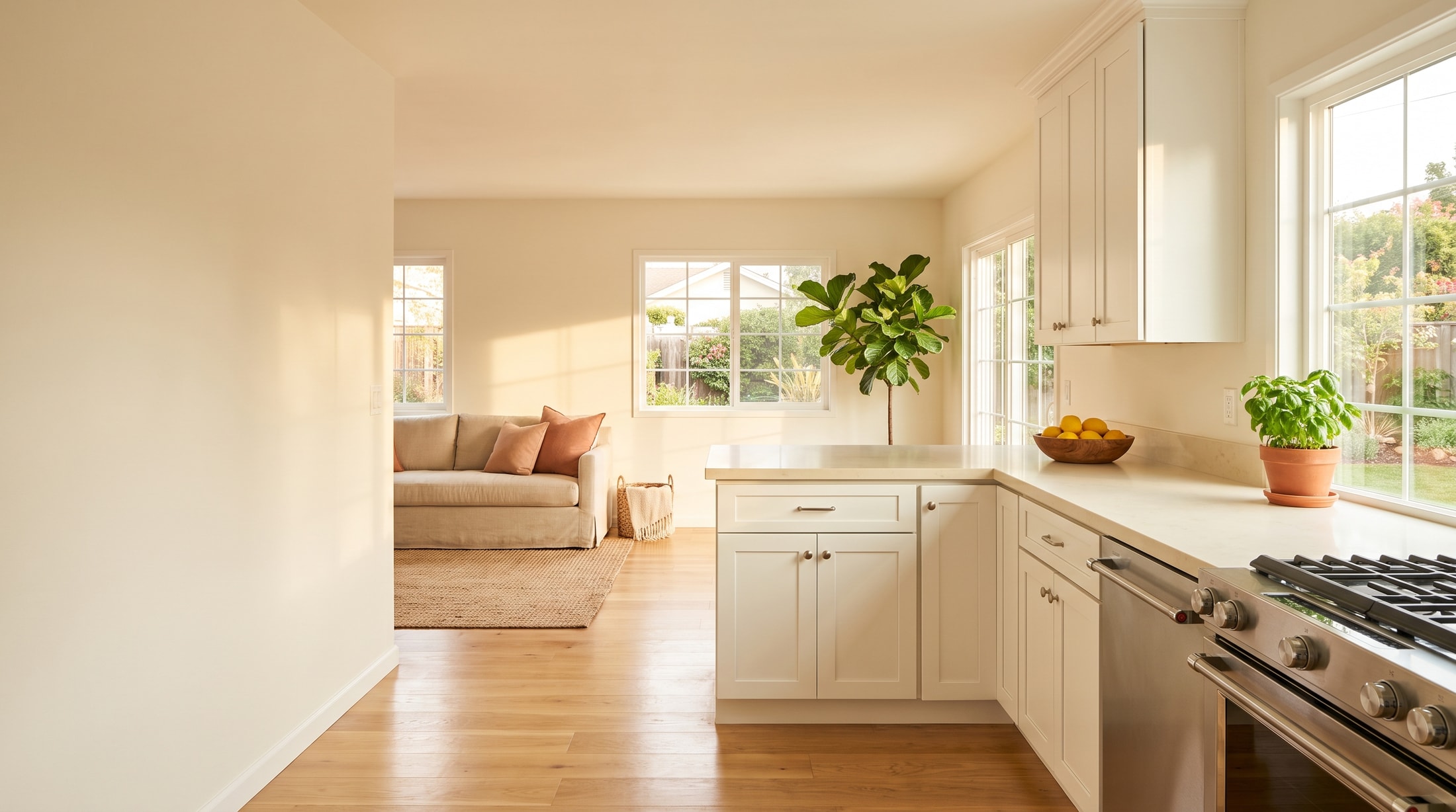 A bright, freshly cleaned kitchen and living room in a Simi Valley home