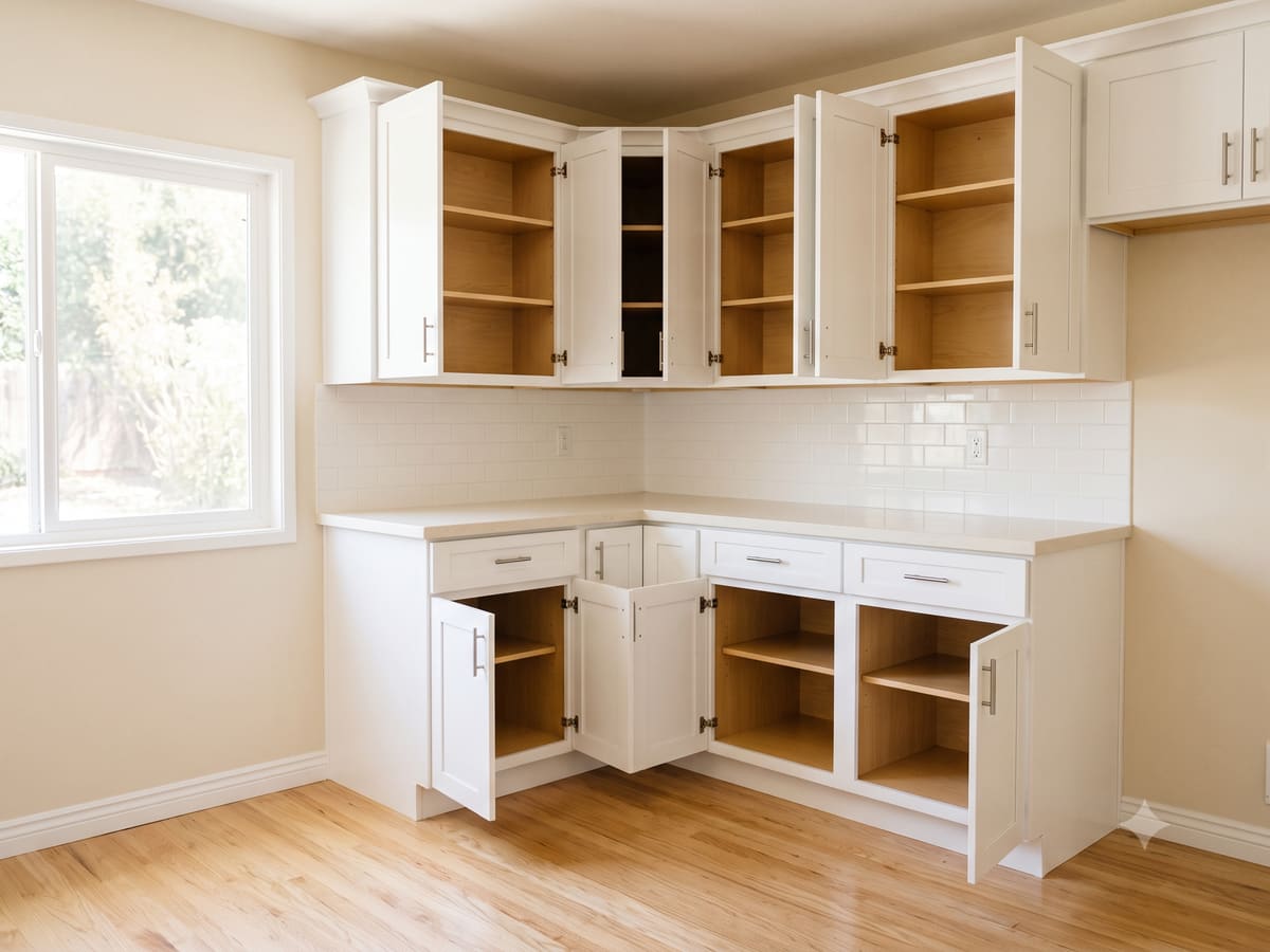 An empty kitchen with cabinets open, cleaned for handover